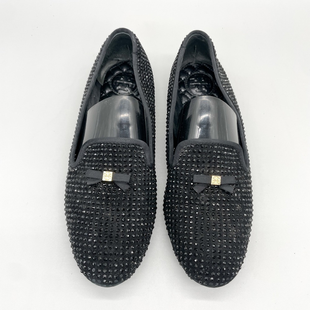 Tory Burch Womens 7M Chandra Black Crystal Suede Smoking Loafer Flat Preppy Glam